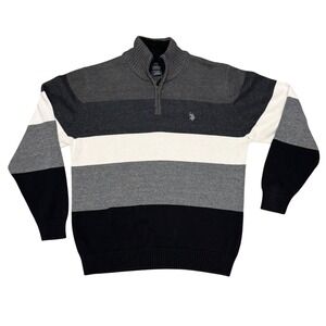 U.S. Polo Assn‎ Mens Large Quarter Zip Color Block Knit Sweater Gray Black White